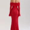 Belle rode off-shoulder maxi-jurk met bloemenkant