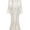 Belle Vintage crèmekleurige maxi-jurk met bloemenkant en blote schouders