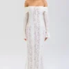 Belle Vintage crèmekleurige maxi-jurk met bloemenkant en blote schouders