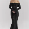 Belle Zwarte Off-Shoulder Maxi-jurk met bloemenkant