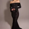 Belle Zwarte Off-Shoulder Maxi-jurk met bloemenkant