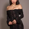 Belle Zwarte Off-Shoulder Maxi-jurk met bloemenkant