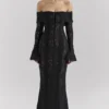 Belle Zwarte Off-Shoulder Maxi-jurk met bloemenkant