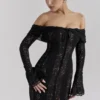 Belle Zwarte Off-Shoulder Maxi-jurk met bloemenkant