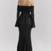 Belle Zwarte Off-Shoulder Maxi-jurk met bloemenkant