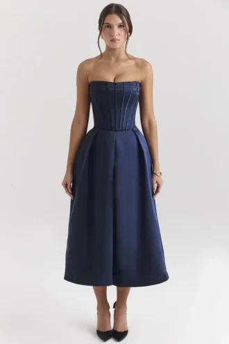 Bellina middernachtblauwe strapless midi-jurk met afneembare strikken