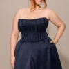 Bellina middernachtblauwe strapless midi-jurk met afneembare strikken