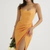 Bianca Tangerine satijnen geplooide korset midi-jurk