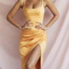 Bianca Tangerine satijnen geplooide korset midi-jurk