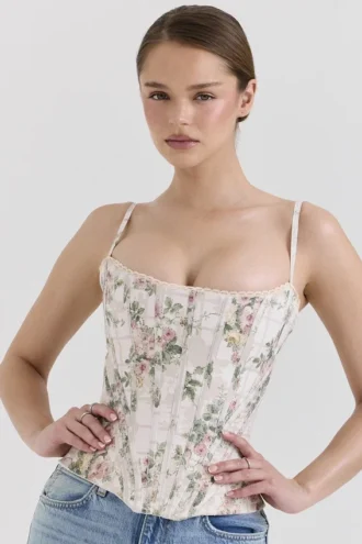 Cadie crèmekleurige katoenen korsetten met bloemenprint