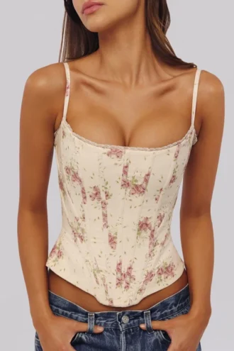 Cadie ivoorkleurige katoen-korset-top met vintage rozenprint