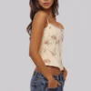 Cadie ivoorkleurige katoen-korset-top met vintage rozenprint