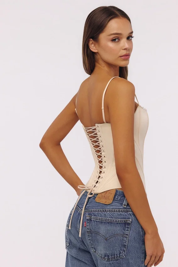 Cadie Vintage ivoorkleurige satijnen korsetten-top