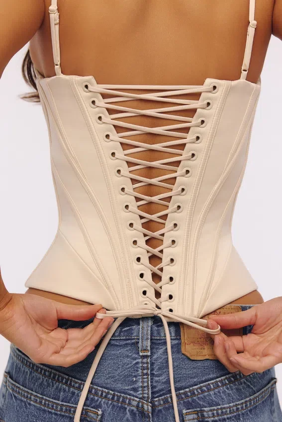 Cadie Vintage ivoorkleurige satijnen korsetten-top