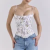 Cadie witte katoenen corset-top met bloemenprint en strik