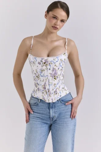 Cadie witte katoenen corset-top met bloemenprint en strik