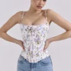 Cadie witte katoenen corset-top met bloemenprint en strik