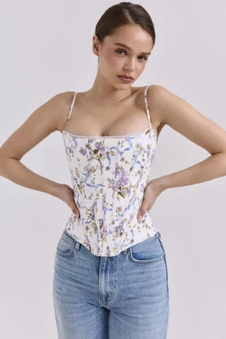 Cadie witte katoenen corset-top met bloemenprint en strik