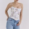 Cadie witte katoenen corset-top met bloemenprint en strik