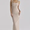 Calandra Taupe Stretch Crêpe Maxi-jurk met Ruches