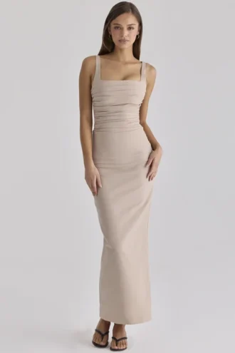 Calandra Taupe Stretch Crêpe Maxi-jurk met Ruches