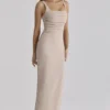 Calandra Taupe Stretch Crêpe Maxi-jurk met Ruches