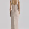Calandra Taupe Stretch Crêpe Maxi-jurk met Ruches