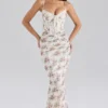 Calista Crème Rozenprint Mesh Maxi-jurk