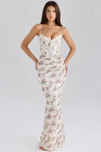 Calista Crème Rozenprint Mesh Maxi-jurk