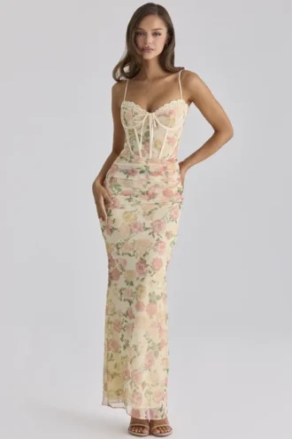 Calista perzikkleurige maxi-jurk met bloemenprint en mesh
