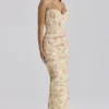 Calista perzikkleurige maxi-jurk met bloemenprint en mesh