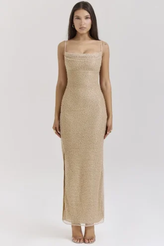 Calla maxi-jurk met zeeparelversiering