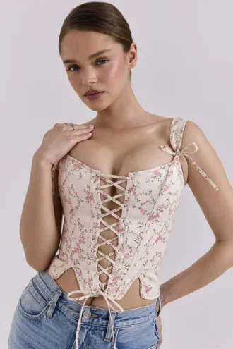 Callie Crème Vintage Bloemenprint Katoenen Korsetten Top
