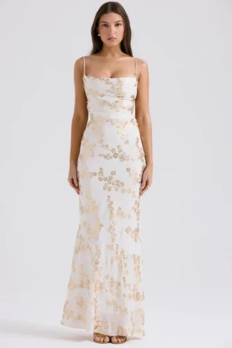 Capriana witte & gouden jacquard satijnen avondjurk