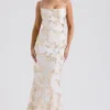 Capriana witte & gouden jacquard satijnen avondjurk