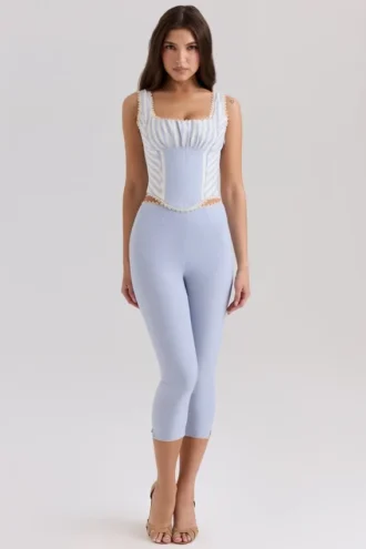 Carella Blauwe stretch twill getailleerde capribroek