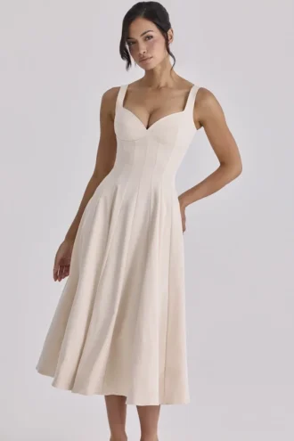 Carlotta Vintage ivoorkleurige twill midi-jurk met silhouet