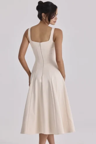 Carlotta Vintage ivoorkleurige twill midi-jurk met silhouet