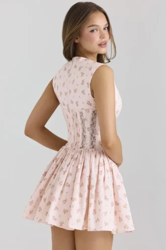 Carmel Roze Stretch Katoen Mini-jurk met Bloemenprint