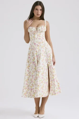 Carmen ivoorkleurige katoenen bustier-zomerjurk met weideprint