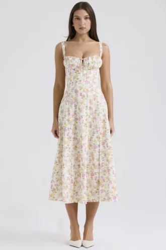 Carmen ivoorkleurige katoenen bustier-zomerjurk met weideprint
