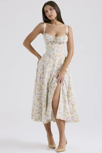 Carmen lichtblauwe katoenen bustier-zomerjurk met weideprint