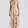Carmen roze pioenroosprint katoenen bustier-Zomerjurk