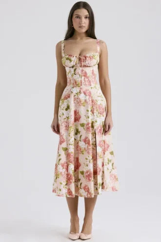 Carmen roze pioenroosprint katoenen bustier-Zomerjurk