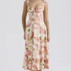 Carmen roze pioenroosprint katoenen bustier-Zomerjurk