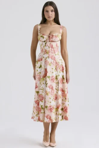 Carmen roze pioenroosprint katoenen bustier-Zomerjurk
