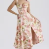 Carmen roze pioenroosprint katoenen bustier-Zomerjurk