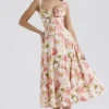 Carmen roze pioenroosprint katoenen bustier-Zomerjurk