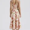 Carmen roze pioenroosprint katoenen bustier-Zomerjurk