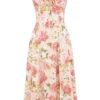 Carmen roze pioenroosprint katoenen bustier-Zomerjurk